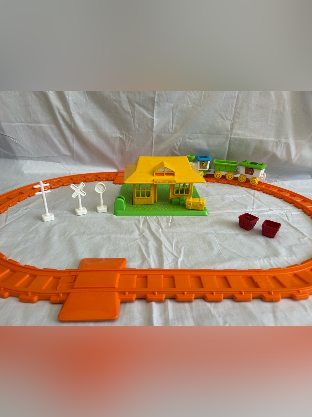 Vintage Yellow & Green Kids Toy Train Station Playset